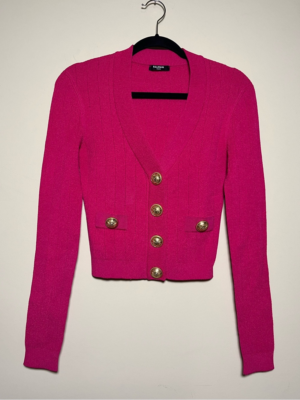 Balmain Rib Knit Cropped Cardigan Sweater Pink Gold Buttons Size 34 Women’s XS